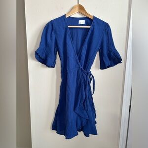 Honorine Dark Blue Ruffle 100% Cotton Gauze V Neck Wrap Dress Tie Waist Size XS